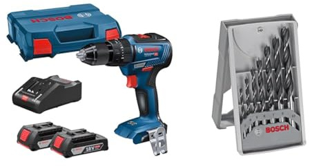 Bosch Professional 18V System Cordless Combi Drill GSB 18V-55 (2x2.0 Ah Battery, Charger 18V-40, in L-BOXX 136) + 7pc. Brad Point Wood Drill Bit Set (for Soft- and Hardwood, Ø 3-10 mm, Accessories)