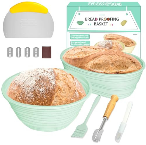 Gärkörbchen, 23cm Rund & 26cm Oval Silikon Gärkorb zum Brotbacken Set, Sauerteig-Starter-Set, inklusive Bäckermesser, Teigschaber und Bratpinsel, Komplettset für Brotbacken-Grün