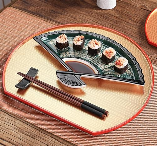 DDMDBYHRY Plato de porcelana en forma de abanico, bandeja grande de estilo japonés, plato de sushi de cerámica, materiales aptos para alimentos, apto para microondas, horno, congelador, lavavajillas