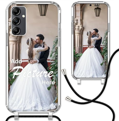 CoverHeld Samsung Galaxy A14 5G Handyhülle mit Band selbst gestalten aus Silikon Hülle mit deinem Bild/Design personaliseren und einzigartig Machen/Handykette Kordel Band in Schwarz