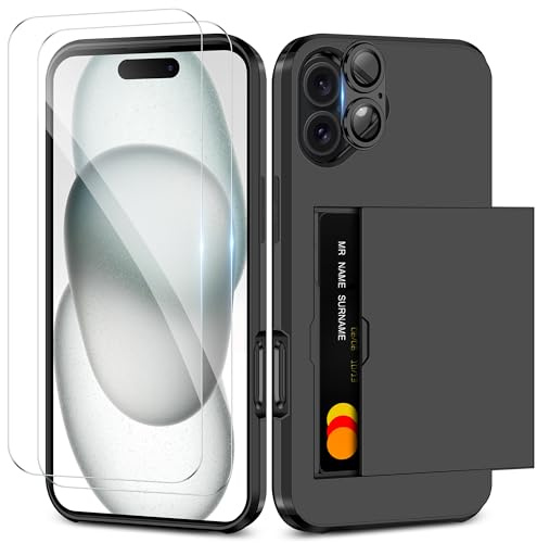 Coolden for iPhone 16 Case with Card Holder & 2 Screen Protector + 1 Camera Lens Protector Full Body Heavy Duty Protective Case Armor Shockproof Wallet Case Cover for iPhone 16 Phone Case-Black