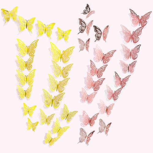 YUBBYSTU 72 Pezzi 3D Farfalle Farfalla Decorativa Adesivi Murali FAI DA TE Art Decalcomanie adesivi murali farfalle 3D misti, per casa, camera da letto, decorazione cameretta (Oro giallo e oro rosa)