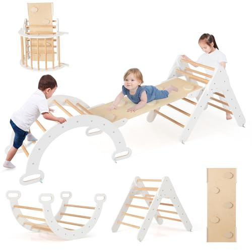 COSTWAY 7 en 1 Triangle d'escalade Montessori Enfants avec Rampe Double Face, Arc d'escalade en Bois Hêtre avec Toboggan & Échelle, Charge Max 50KG pour Glisser Grimper pour Bébé de 1 an+