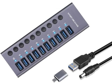Balabaxer Hub USB 3.0 en aluminium 10 ports avec transfert de données 10 ports, adaptateur d'alimentation 72 W (24 V/3 A), répartiteur USB avec commutateurs individuels