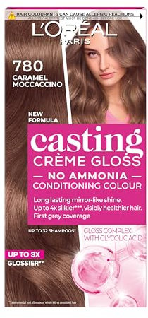 L’Oréal Paris Ammonia Free Semi-Permanent Hair Dye, 780 Caramel Moccaccino, Natural Looking Finish, For up to 28 Shampoos, Casting Crème Gloss, 1 Application