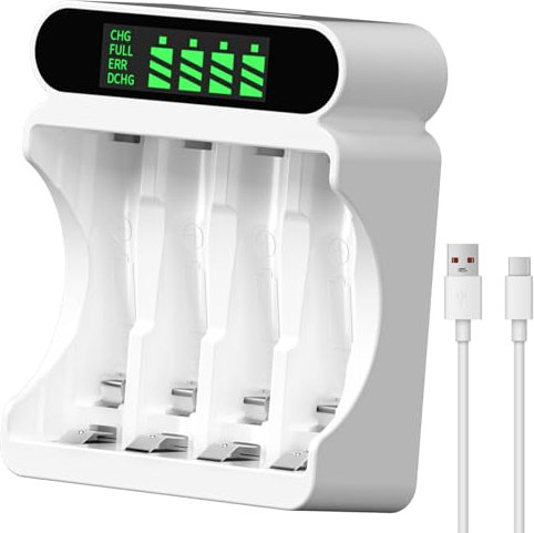 IMREN Carica Batterie Ricaricabili AA e AAA, 4 Slots di Ricarica Indipendenti con Display LCD, Ingresso 5V 2A Type-C e Micro USB, per Batterie NiMH/NiCD Ricaricabili AA AAA