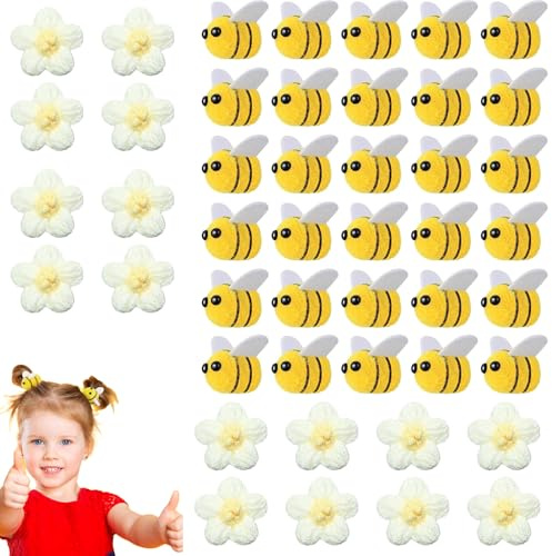 46-teiliges Bienen Deko Kleine Set - mit 30 Filz-Bienen & 16 weißen Häkelblumen - Handgemachte Basteldekoration für DIY-Projekte, Party-Dekoration, Kränze & mehr, Filz Bienen Handwerk Dekoration