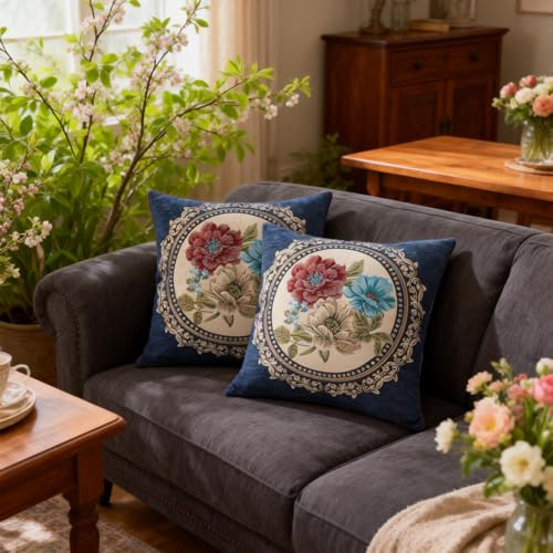 Qupace Set of 2 Blue Vintage Embroidered Throw Pillows Covers 18x18in,Vintage Royal Blue Pillow Covers for Living Room Farmhouse Square Pillow Cover