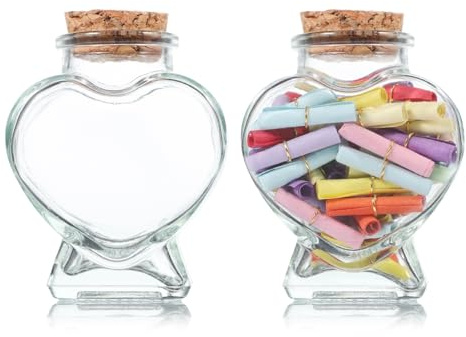 MUCKLILY Lot De 2 Bouteilles en Verre Forme Cœur avec Bouchon en Liège Petites Récipients en Verre pour Bricolage Pots De Souhaits Transparents Décoration De Bureau Et Cadeaux d'anniversaire