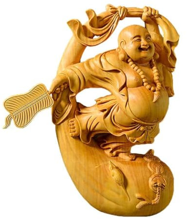 Maitreya, Buddha intagliato in legno, ornamento per la casa e il soggiorno, sculture in legno di cipresso per attirare ricchezza e fortuna, ornamenti in legno massello