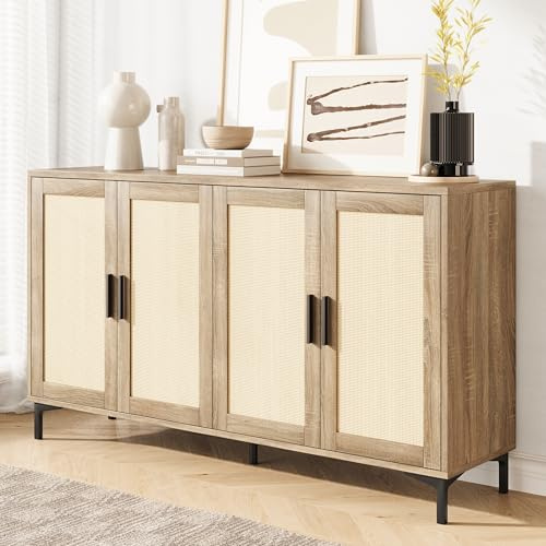 Luoxiao 123 cm Sideboard Rattan Buffetschrank mit 4 Türen Holz Kommode Vintage Küchenschrank mit Metallbeine Schrank für Wohnzimmer, Esszimmer, Küche, Flur, Büro, natürliche Farbe