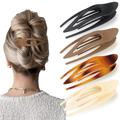 Lot de 4 pinces à cheveux plates extra larges design ergonomique incurvé pour cheveux épais, forte tenue, douces, antidérapantes et mates (pince bec de canard)
