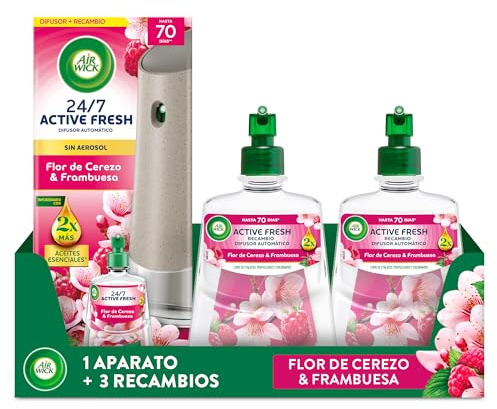 Air Wick Active Fresh Spray Automatico Sin Aerosol - Ambientador para casa con aroma a Flor de Cerezo & Frambuesa - Pack de 1 Aparato + 3 Recambios (228mlx3)