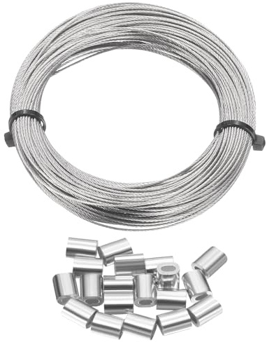sourcing map Kit de cuerda de alambre de acero inoxidable 304 de 30 m de largo, 0,8 mm de diámetro, núcleo de hebra de 7 x 7 con 30 fundas de bucle para sistema de barandilla de cubierta, kit para