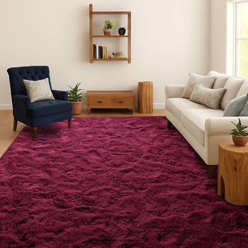 SOANNY Långhårig Matta Vardagsrum, Tvättbar Halkfri & Mjuk, Enfärgad Shaggy Ryamatta för Sovrum & Barnrum, Sängmatta, 160x230 cm, Bordeaux