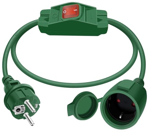 HuaLiSiJi Prolunga Schuko con Interruttore 16A 250V Cavo di Prolunga Schuko con Interruttore 3x1.0mm² Impermeabile Presa IP44 per Esterno o Interno, Casa, Ufficio (Verde, 1m)