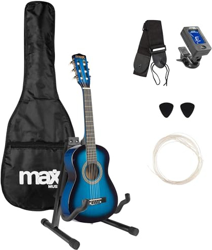 MAX SoloArt Junior 1/4 guitarra clásica infantil con soporte MAX GP20, cuerdas de nailon, funda mochila, afinador digital, púas, cuerdas extra, correa, para niños de 3 a 6 años, iniciación musical