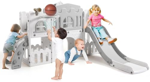 Toboggan Interieur Enfant, 8 en 1 Design,Renforcer Le Cadre de Sécurité, avec Panier de Basket-Ball, Télescope et Tunnel, Toboggan Exterieur Enfant pour 2 à 8 an, Gris