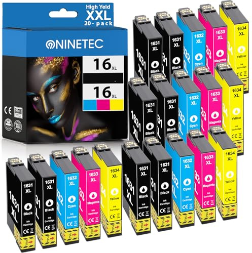 NINETEC 16XL Multipack Druckerpatronen Kompatibel für Epson 16XL Workforce WF-2760DWF WF-2750DWF WF-2630WF WF-2660DWF WF-2650DWF WF-2530WF WF-2510WF WF-2010W WF-2110W 20-Pack