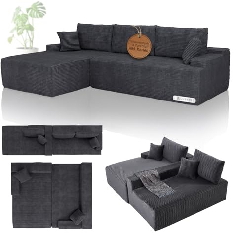 Juskys Sofa Coredo - modernes Cord Sofa mit Ottomane Links, gemütliche Couch mit Schaumstoffpolsterung, Cordbezug & Kissen, modular - Dunkelgrau