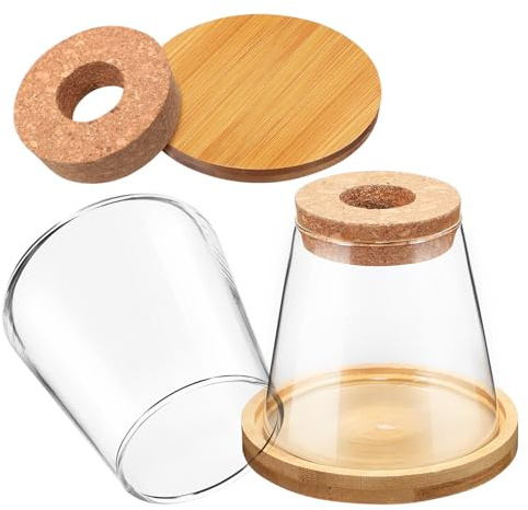 NUOBESTY 2Pcs 330Ml Hydroponic Plant Propagation Stations Glass Vases with Perforated Wooden Stoppers and Bamboo Stands, Glass Planters for Indoor Terrarium and Plant Cuttings