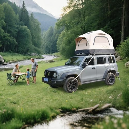 Generisch Aufblasbares Dachzelt mit Handpumpe - Wasserdichtes Campingzelt 3-Personen inkl. Aluminium-Unterstützungssystem und 15 cm Schaummatratze für Outdoor (Beige/Schwarz)