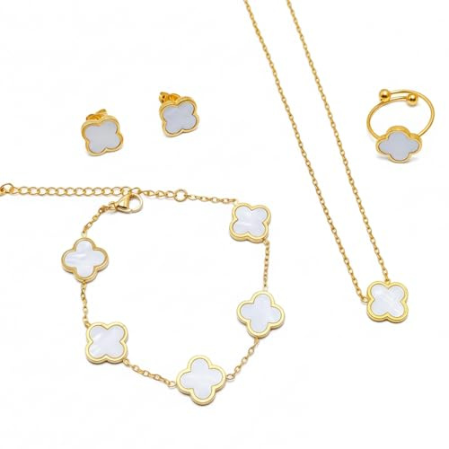 18K Goldplattiertes Vierblättriges Kleeblatt Schmuck Set, Edelstahl Zweiseitig Vierblättriges Schmuck, Halskette Ohrringe Armband Ring Valentinstag Muttertag Weihnachten Geschenk für Damen (4)