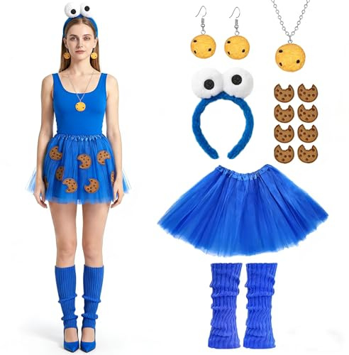 ZXTGBQ 13PCS KrüMelmonster KostüM Damen, Blau TüLlrock, Cookie Halskette, Ohrringe, Blaue Beinstulpen, Karneval Lustige KostüMe Damen Cookie Monster Haarreif FüR Halloween Karneval Fasching Cosplay