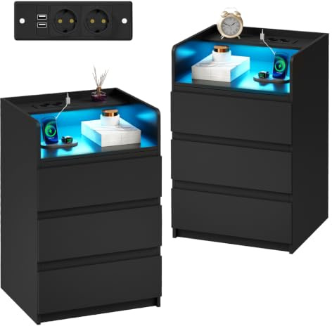 ANWBROAD Nachttisch mit Steckdose,Nachtschrank mit LED-Lichtleiste | 3 Schubladen und 1 Fach,Moderner Nachttische Beistelltisch,Sofatisch für Schlafzimmer,Wohnzimmer (2, schwarz) BNS014B