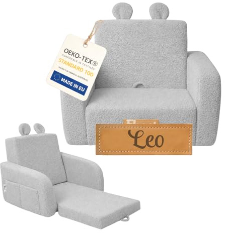 Flumi Kindersessel klappbar personalisiert mit Namen, Kindersofa ausklappbar mit Liegefunktion, Kinder Couch für Kinderzimmer (Bouclé grau)