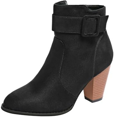 Bottines décontractées en daim à talon bloc avec sangle et boucle pour femme, Noir , 38.5 EU