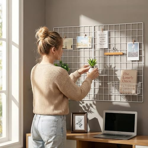 Kaforise Wire Wall Grid Panel, Multifunction Painted Photo Hanging Display and Wall Storage Organizer, Pack of 2, Size 25.6 x 17.7 White