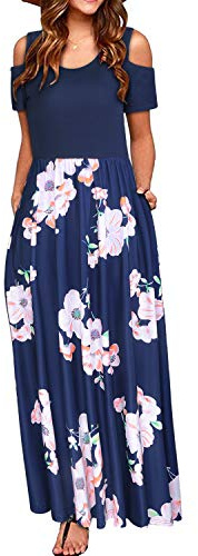 STYLEWORD Women's Summer Cold Shoulder Short Sleeve Maxi Dress Floral Print Elegant Long Dress with Pockets(Floral07,L)