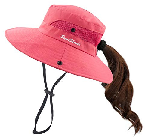Muryobao Damen Pferdeschwanz Sonnenhut UV-Schutz Faltbar Mesh Breite Krempe Strand Fischerhut, Reines Wassermelonenrot, Einheitsgröße