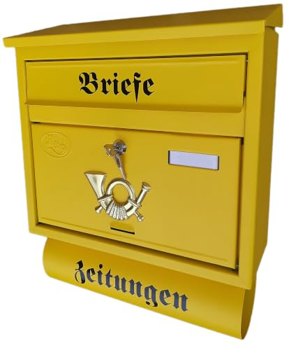 Großer Briefkasten/Postkasten XXL Gelb matt mit Abnehmbarer Zeitungsrolle Flachdach Katalogeinwurf Zeitungsfach (Gelb)