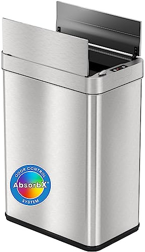 iTouchless 13 Gallon Wings-Open Kitchen Trash Can with Lid and Odor Filter, Stainless Steel, Dog Proof Automatic TrashCan Garbage Bin for Home Office Work Bedroom Living Room Garage Slim Wastebasket