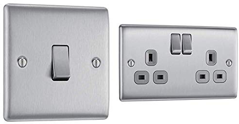 BG Electrical NBS12-01 Single Light Switch, Brushed Steel, 2-Way, 16AX & NBS22G-01 Double Switched Power Socket, Brushed Steel, 13 Amp