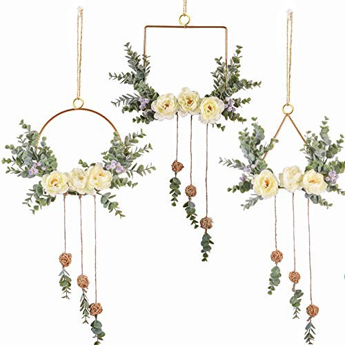 Lazeny 3er Deko Kranz Hängende Künstlich Wandkranz Metallring Ringe Hoop Blumen Türkranz Hochzeit Eukalyptus Wanddeko Türdeko Raumdeko für Party Garten Fotografie Hintergrund Dekor (Gelb Pfingstrose)