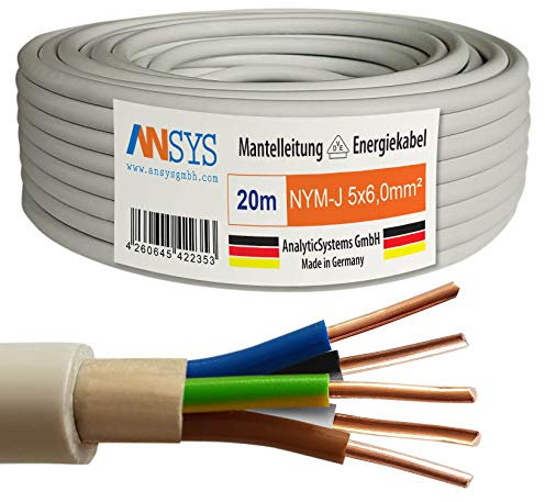 TechMech 20m NYM-J 5x6,0 mm² Mantelleitung Feuchtraumkabel Elektrokabel Kupfer Made in Germany