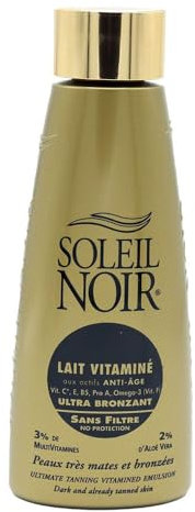 Soleil Noir - Lait Corps Vitaminé Sans Filtre Ultra Bronzant - Peaux Très Mates et Bronzées - Actifs Anti-Âge et Vitamines - Fabrication Française - Flacon avec Capsule Service, 150 ml