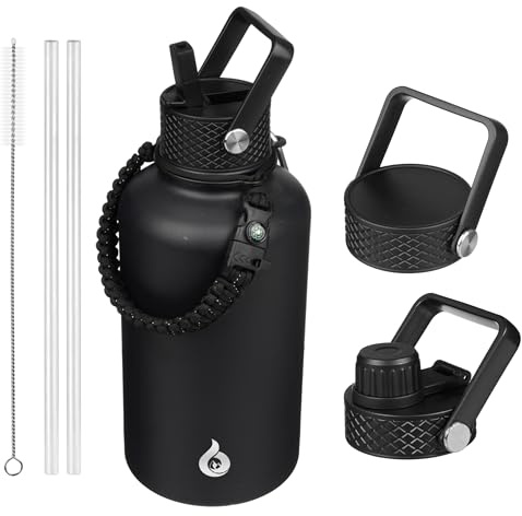 BJPKPK Half Gallon Insulated Water Bottles with Straw Lid, 64oz Large Water Jug, Stainless Steel Bottles with 3 Lids and Paracord Handle, Thermo for Hot & Cold Liquid, Black