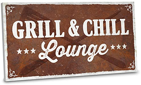 ARTFAVES® Gartenschild - Grill & Chill Lounge | Shabby Chic Vintage Gartendeko, Schild mit Spruch zum Thema Garten/Grillen/Rost Optik | Größe: 30 x 15 cm