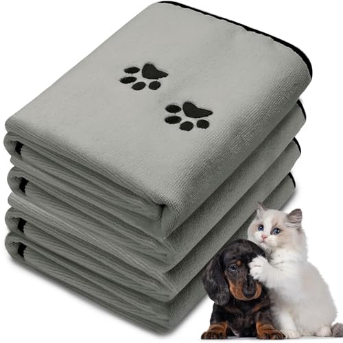 Tegeme 4 Pack Dog Towels for Drying Microfiber Soft Absorbent Pet Bath Towel Dog Drying Grooming Cloth with Embroidered Paw for Pet Cat Bathing Grooming