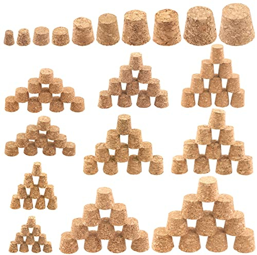 Keadic 150 Pcs 10 Sizes Wooden Tapered Cork Plug Assortment Set Natural Soft Wood Corks Small Cone Shaped Bottle Stoppers for Wine Beer Glass Bottle and DIY Craft Project (9mm-25mm)