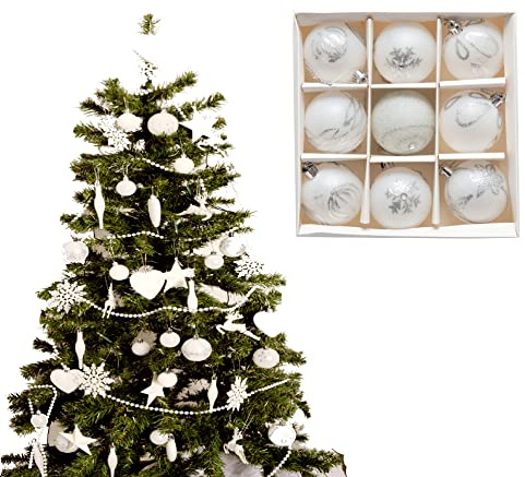 9-teiliges Luxus-Premium-Weihnachtskugel-Set, Christbaumschmuck-Kugeln matt, glitzernd, glänzend & eiskristallartig (6 cm) (Weiß)
