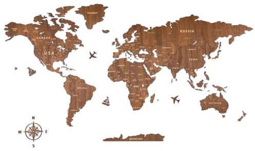 Creawoo Weltkarte Wanddekoration aus Holz, Walnuss Weltkarte Reisekarte Wanddeko Wandkunst für Büro, Wohnzimmer, Schlafzimmer (200x114 cm)