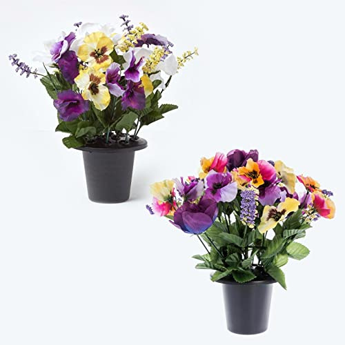 Homescapes 2er-Set Künstliche Grab-Blumen wetterfest mit Blumenhalter lila-Creme-gelb, Arrangement aus Stiefmüttcherchen und Rosen