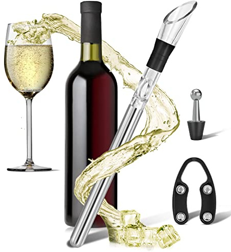 LEBEXY Bâton de refroidissement pour vin en acier inoxydable avec bec verseur & aérateur de décantation | Cadeau pour les amateurs de vin | Ensemble de refroidisseur de vin, avec 1 bâton de