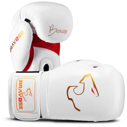 BRAVOSE Alpha Strap Boxing Gloves Mens, Women for Entry Level Boxers for Punching Bag Training & Sparring MMA Kick Boxing Muay Thai Made By Premium PU Leather Ventilated Palm (White Red, 12 Oz)