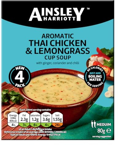 Ainsley Harriott Thai Chicken & Lemongrass Soup Sachets – Instant Cup Soup, Just Add Water, Thai-Style Flavour, Convenient Multipack bullk pack (8 x 3 Pack) - 24 Saches total